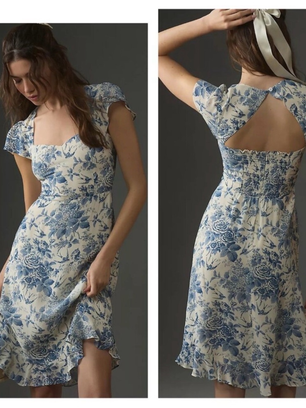 Reformation Rosi Midi Dress in Blue & Ivory Floral Toile Print